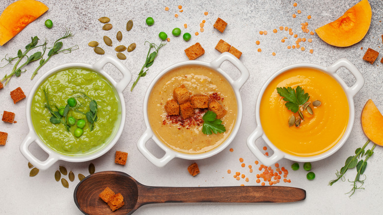 three varieties of vegetable soup