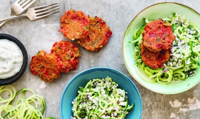 Tomatokeftedes and Cauliflower Tabouleh Salad
