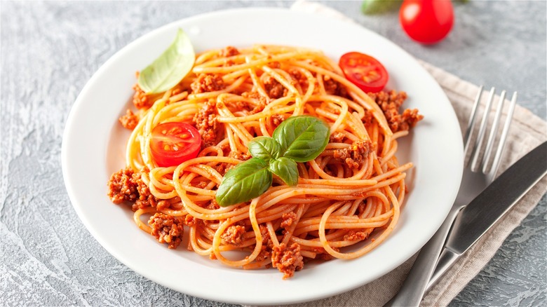 Spaghetti with meat sauce on plate 