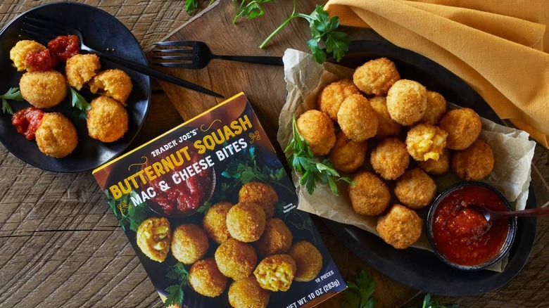 A box of Trader Joe's butternut squash mac & cheese bites, with prepared bites