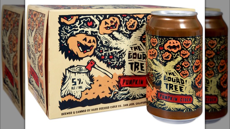A can and pack of The Gourd Tree Pumpkin Cider