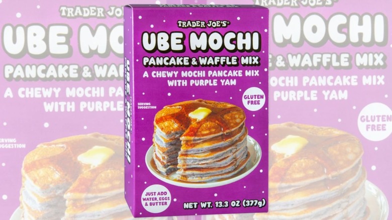 A box of Trader Joe's Ube Mochi Pancake and Waffle Mix