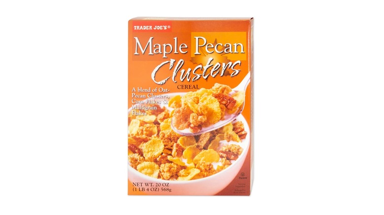 Box of Maple Pecan Clusters Cereal in an orange box against a white background.