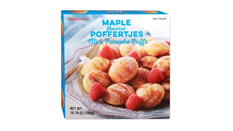 Box of Maple Poffertjes in a blue box with a photo of the puffs against a white background.