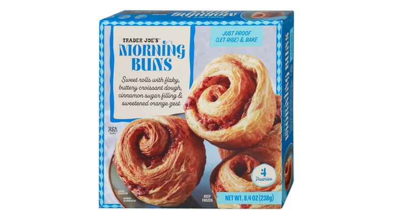 Box of morning buns with blue and cream label against a white background.