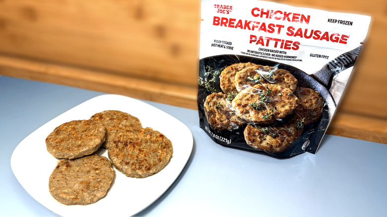 plated chicken sausage patties in front of product package