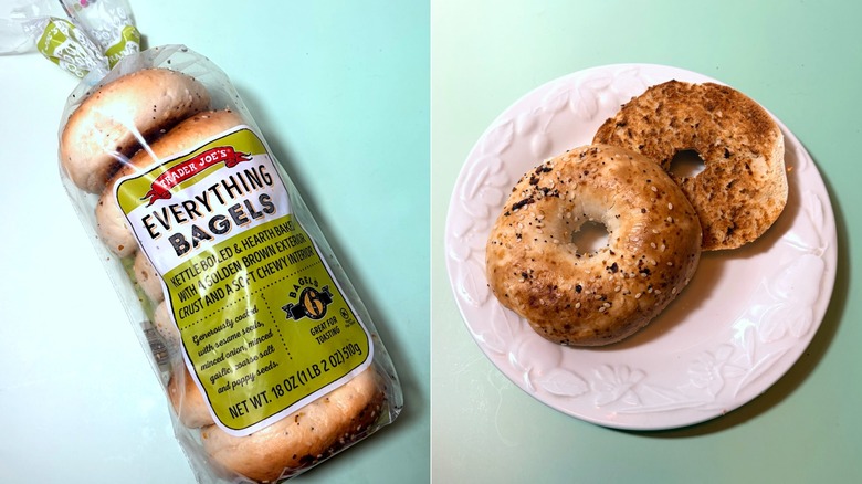package of everything bagels on left and one sliced and toasted bagel on plate on right