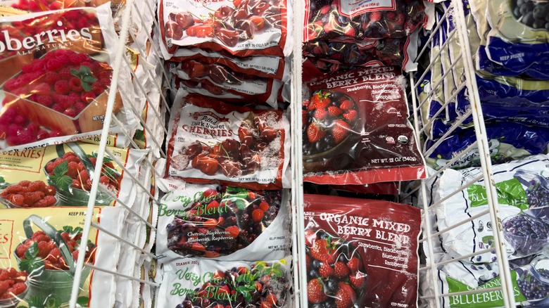 an overhead view of bags of frozen fruit on sale at Trader Joe's