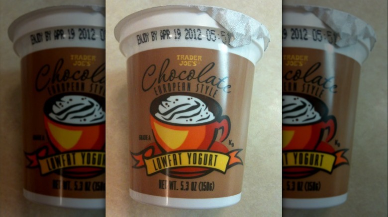 An unopened container of Trader Joe's European style chocolate yogurt