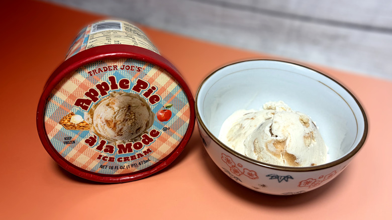 trader joes apple pie ice cream in bowl next to product container