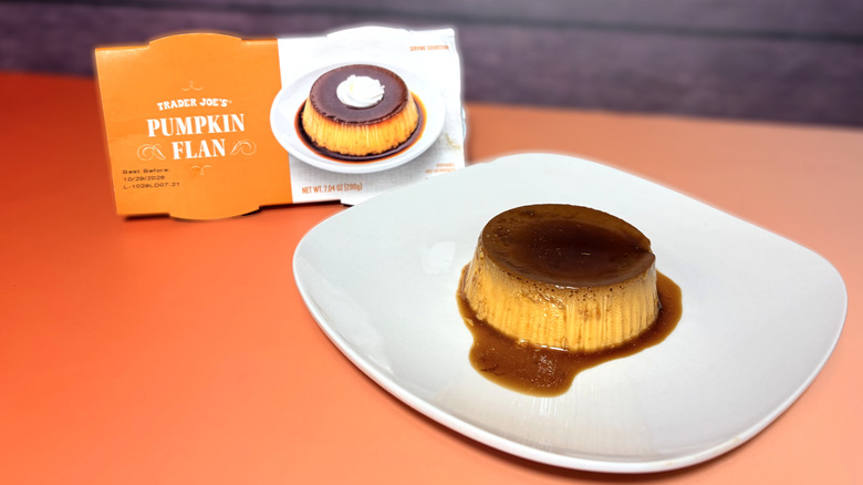 trader joes pumpkin flan on plate in front of product package