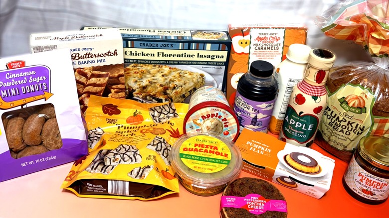 selection of trader joes fall products arranged on table