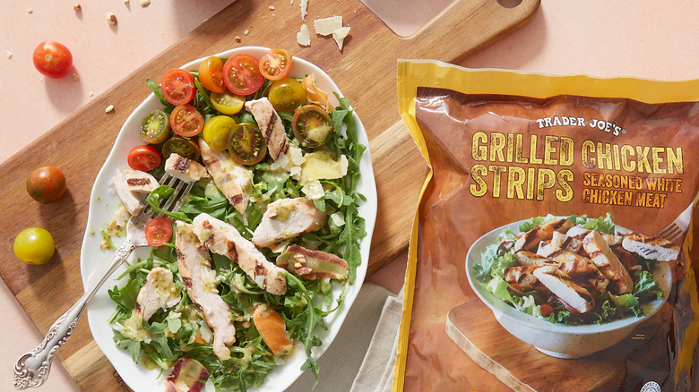 trader joe's grilled chicken strips on a salad