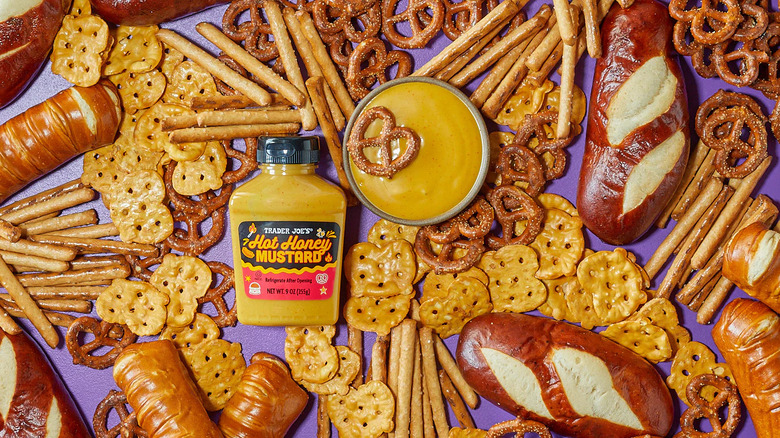Hot honey mustard bottle with pretzels
