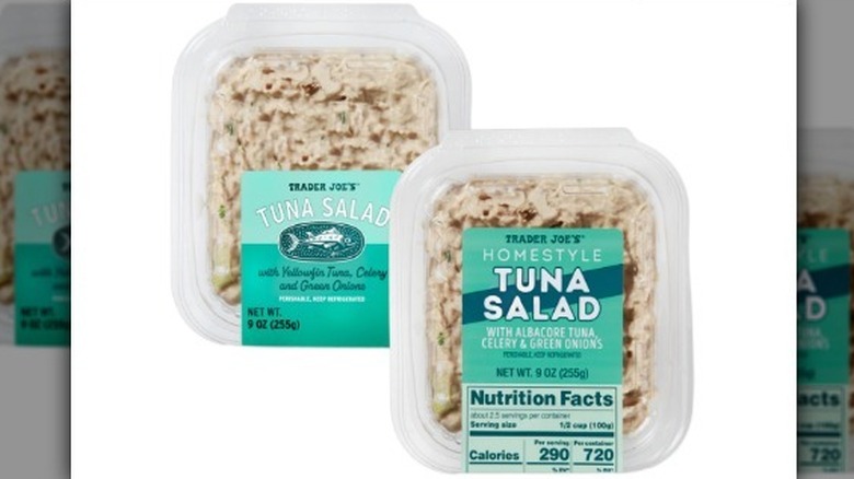 Tuna salad containers on white background