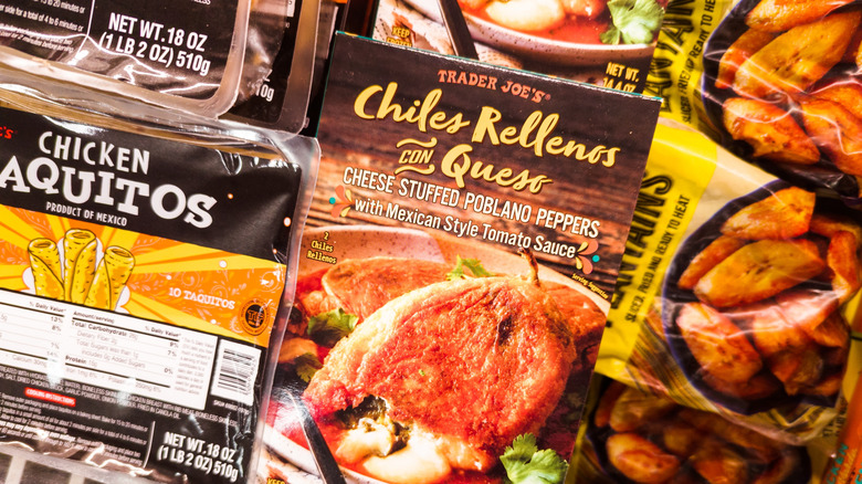 A close-up Trader Joe's chiles rellenos con queso and other frozen products