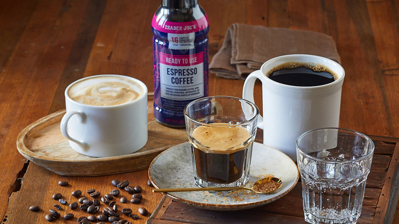 Bottle of TJ's espresso with coffee drinks