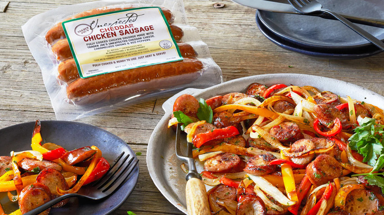 Unexpected cheddar sausage package with prepared meal