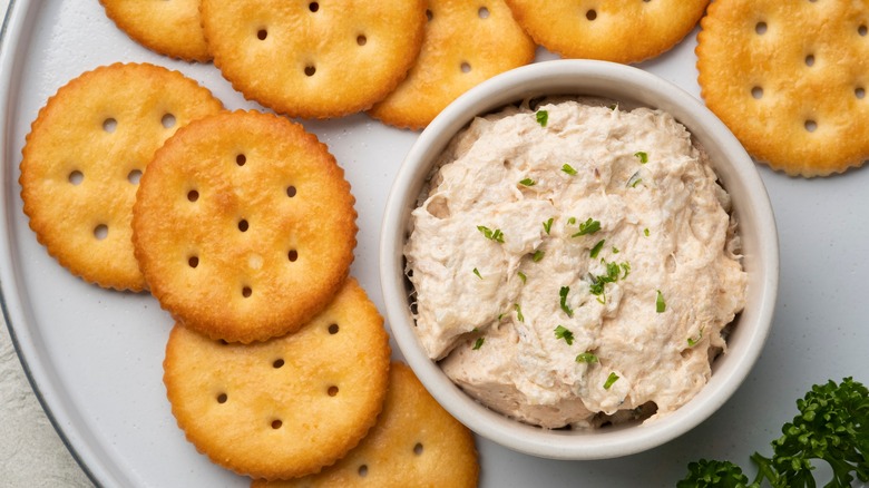Creamy tuna dip surrounded by crackers