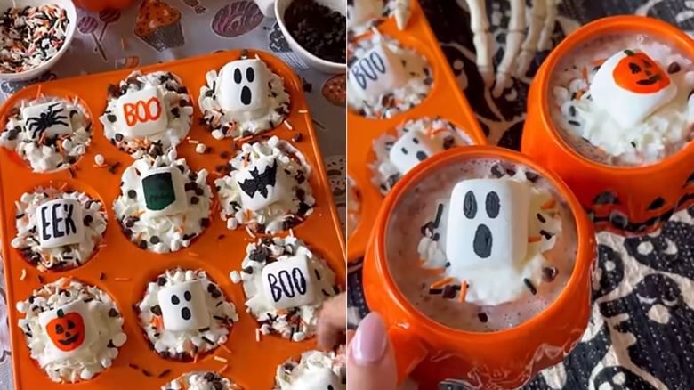 Split image of Halloween-themed whipped cream hot cocoa toppers in mold and inside mugs of hot cocoa