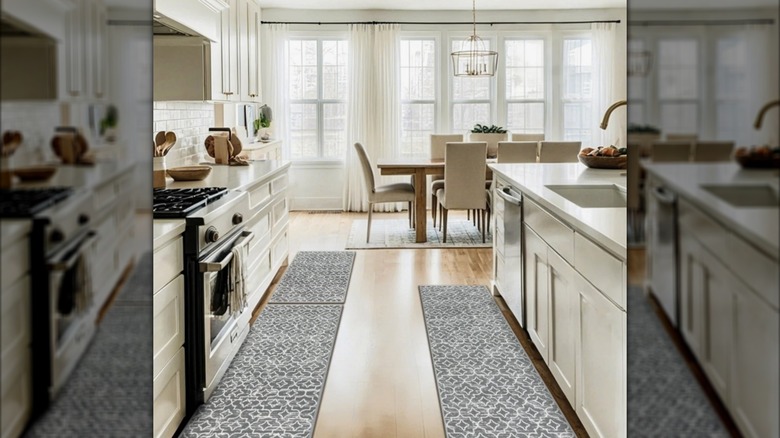 two grey kitchen runners on wood floor