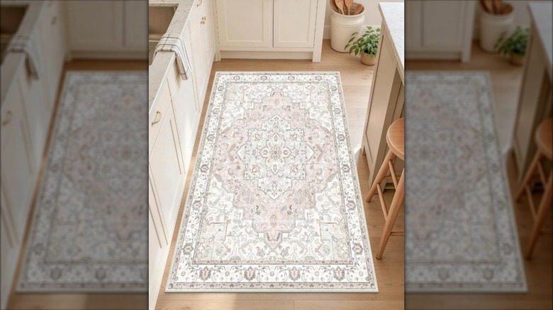 neutral accent rug on wood kitchen floor