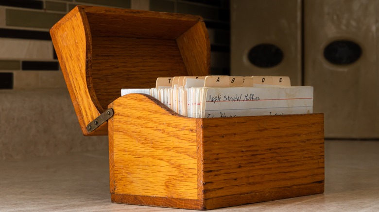 Open recipe card box on a countertop