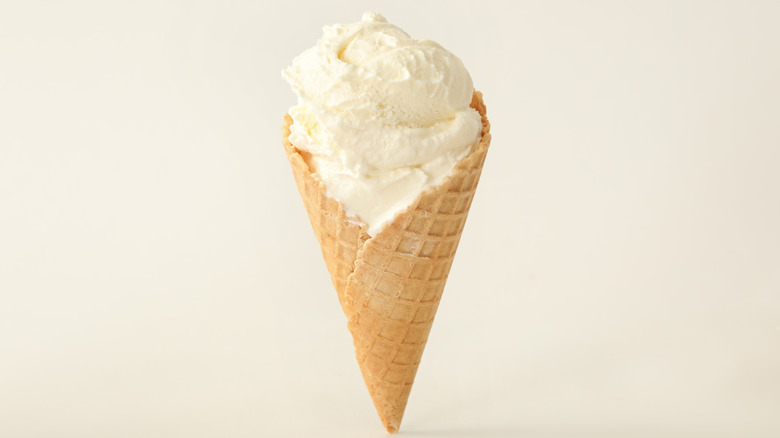 Vanilla ice cream on waffle cone