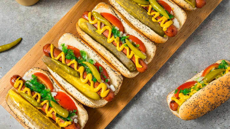 Lineup of Chicago-style hot dogs