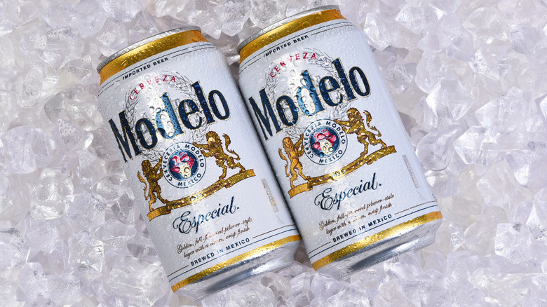 Two cans of Modelo beer on ice