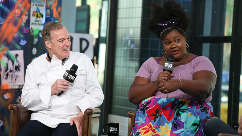 Jacques Torres and Nicole Byer of Nailed It! with microphones