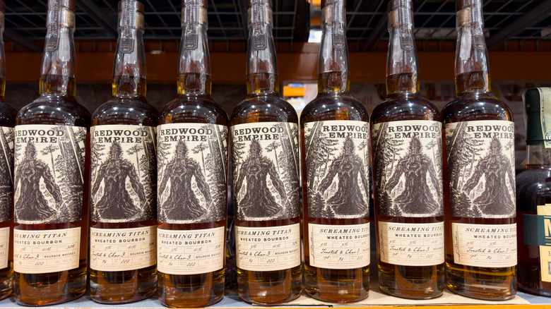 A line of Redwood Empire bourbon bottles