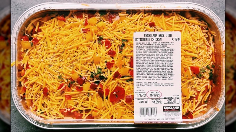 Costco Kirkland Signature Rotisserie Chicken Enchilada Bake in a metal tray