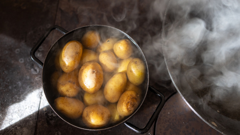 Boiled potatoes, steaming in a pot