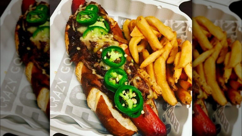 kansas city hot dog with jalapenos and fries