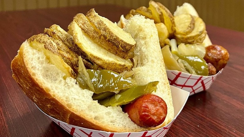 pizza hot dog with peppers and potatoes