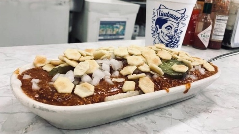 scrambled hot dog with chili and oyster crackers