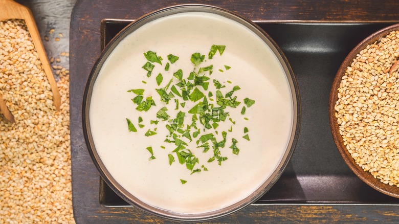 Sesame dip in a ramekin
