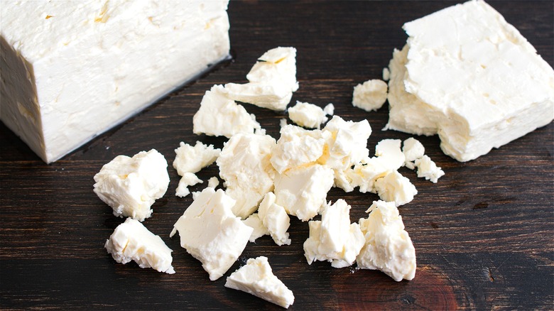 feta cheese on wood surface