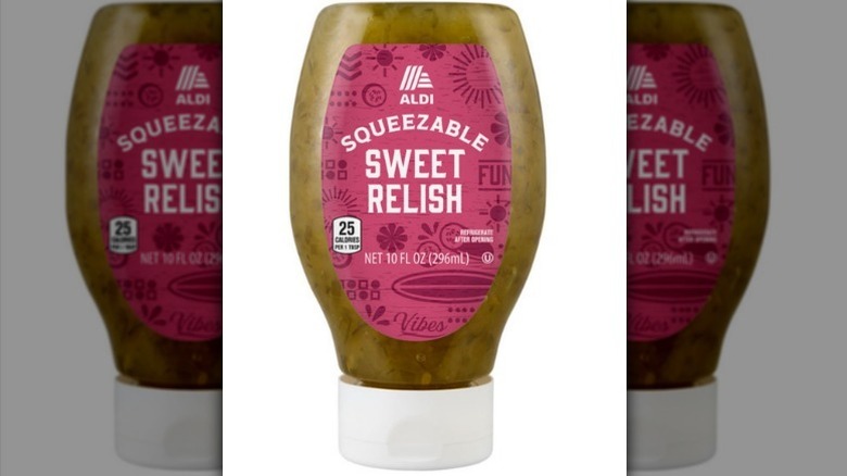 Aldi squeezable relish on white background