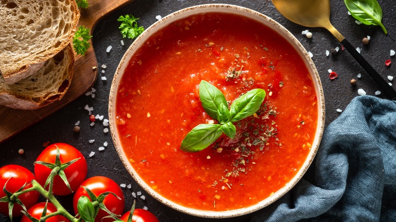 tomato soup with basil garnish