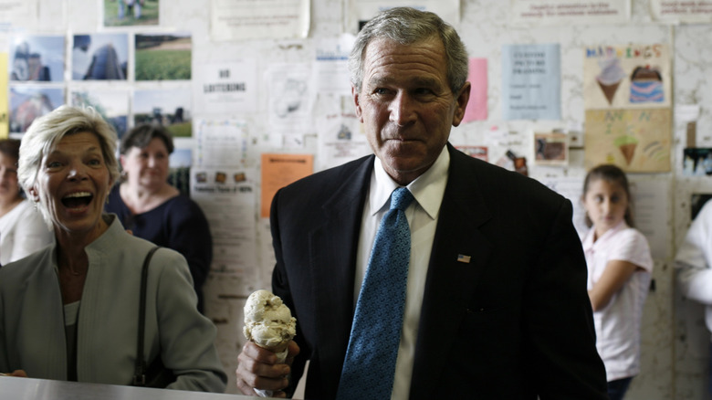 George Bush holds an ice cream cone
