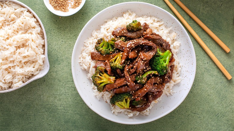 Beef and broccoli over rice 