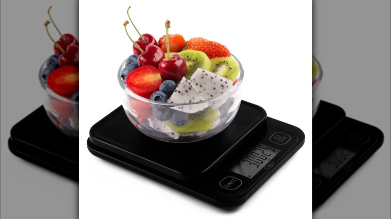 Kitchen scale weighing chocolate chips