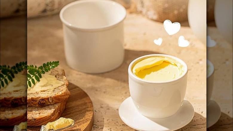 butter crock and buttered bread