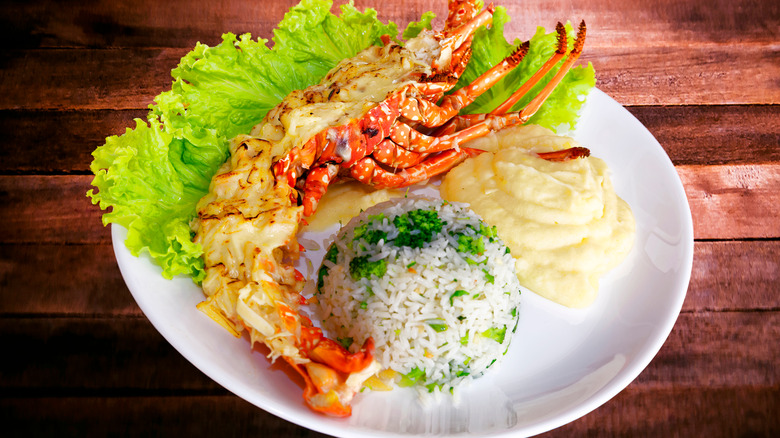 Lobster thermidor with broccoli rice, mashed potatoes, and lettuce