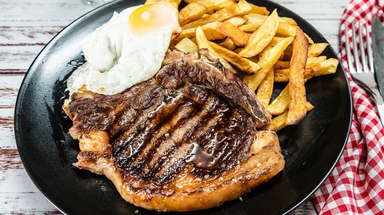 T-bone steak and eggs