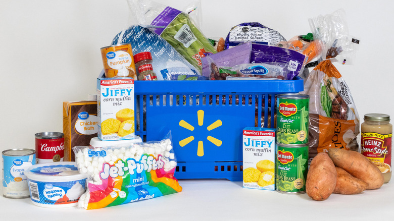 Walmart shopping cart with holiday food items