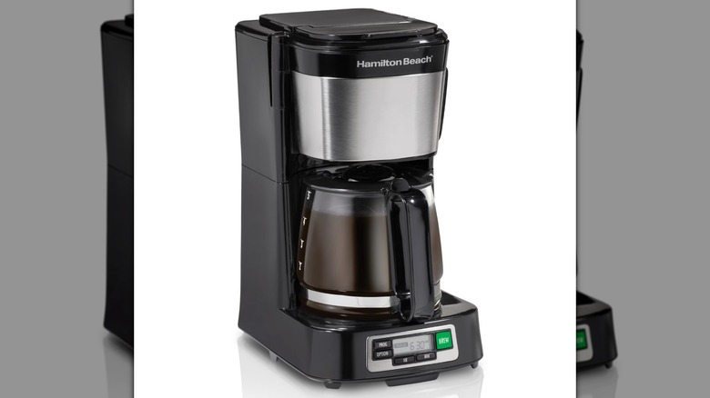 A Hamilton Beach Front Fill 5-Cup Programmable Drip Coffee Maker Machine on a white background