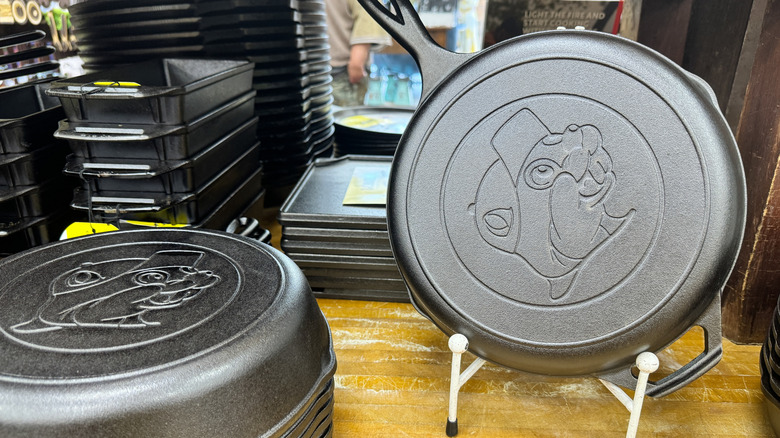 Cast iron pans with Buc-ee's mascot